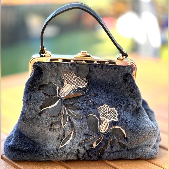 Terrida Blue Fur Leather Appliqué Top Handle Bag - Picture 2 of 8